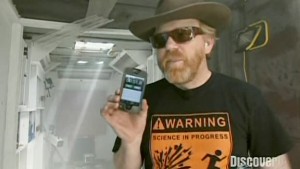 Adam savage, Mythbusters, using an Apple iPhone for science. Experiments with gas tank shooting explosion myth Adam savage, Mythbusters, using an Apple iPhone for science. Experiments with gas tank shooting explosion myth