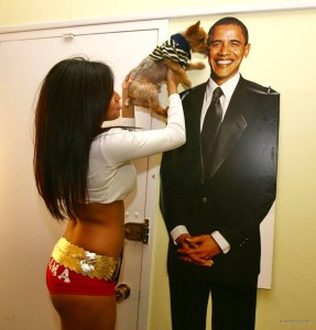 Amber Lee Ettinger, Obama Girl, with her dog and Obama cutout