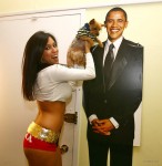 Amber Lee Ettinger, (Obama Girl) her dog, Obama cutout