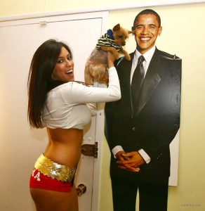 Amber Lee Ettinger, (Obama Girl) her dog, Obama cutout