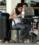 Michelle Rodriguez Mac laptop computer at Starbucks coffee