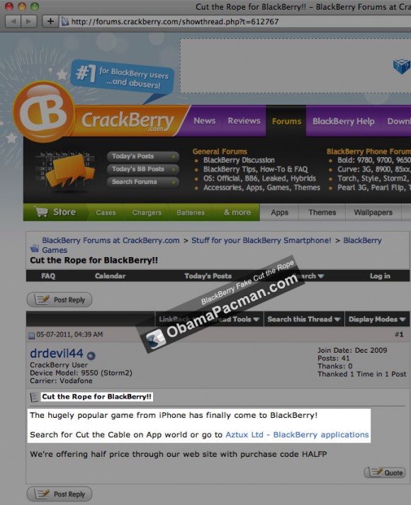 Fake Cut the Rope blackberry game crackberry promo