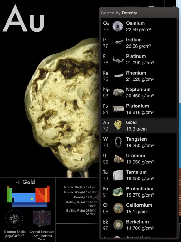 Density sorting in The Elements app